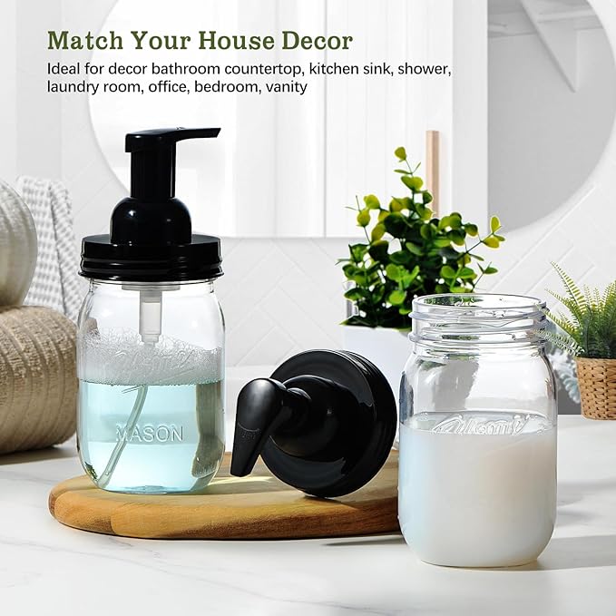 Amolliar Plastic Mason Jar Foaming Soap Dispenser with Pump Lid,16OZ Refillable Hand Soap Dispenser Set with Cute Lables - Farmhouse Decor for Kitchen/Bathroom, Lotion Liquid Dish Soap (2 Pack, Black)