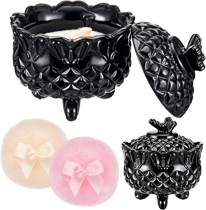 Tioncy 3 Pcs Large Body Powder Puff and Container Valentine's Day gift Powder Container with Puff Crystal Case Soft Washable Reusable Velour Face Body Glitter Wet Dry Makeup (Butterfly,Black)