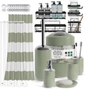 Clara Clark Bathroom Accessories Set - Bathroom Set with Adhesive Corner Shower Caddy Hanging, 25PC Bathroom Accessory Set, Sage Green Shower Curtain Set, Toilet Brush, Trash Can & Soap Dispenser