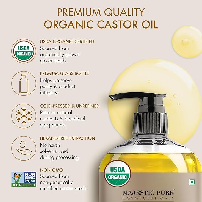 Majestic Pure USDA Organic Castor Oil 8 Fl Oz - 100% Pure and Natural- Cold Pressed & Hexane Free Natural Hair Growth Oil for Eyelashes, Eyebrows, Skin, Body, Face, Nails & Scalp