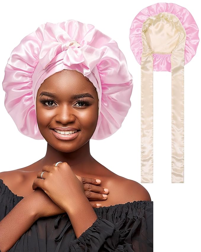 Satin Bonnet Silk Hair Wrap for Sleeping - Reversible Bonnets for Curly Hair - Double Layer Night Cap with Tie Band (Champagne + Pink)