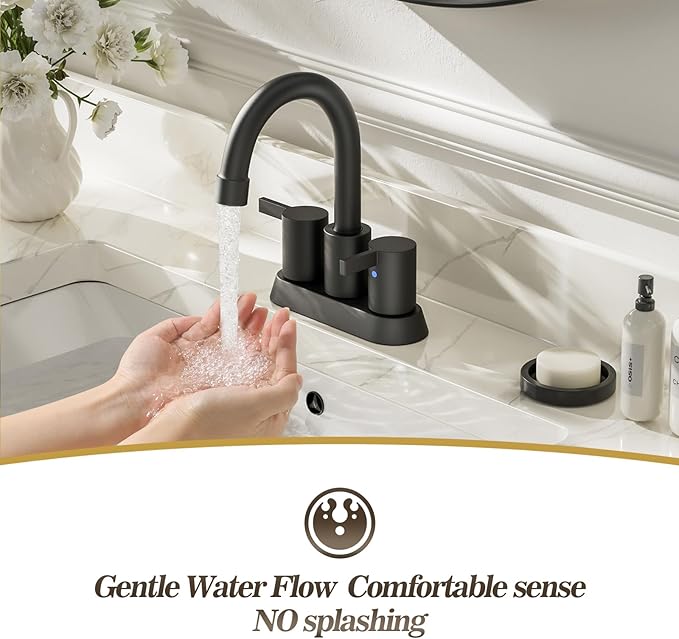 Phiestina 4 Inch 2 Handle Centerset Matte Black Lead-Free Modern Bathroom Faucet 2 Pack, 360 Swivel Spout 2-3 Hole RV Bathroom Vanity Sink Faucet with Pop Up Drain,Water Supply Lines,BF15-1-MB-2PACK