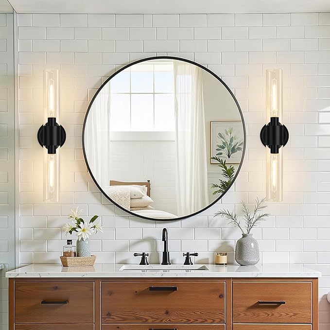 Wall Sconces Set of Two,Matte Black Bathroom Sconces with Clear Glass, Hardwired Sconces Wall Decor Set of 2, Modern Wall Vanity Light Fixtures for Bathroom Mirror Bedroom Living Room Hallway