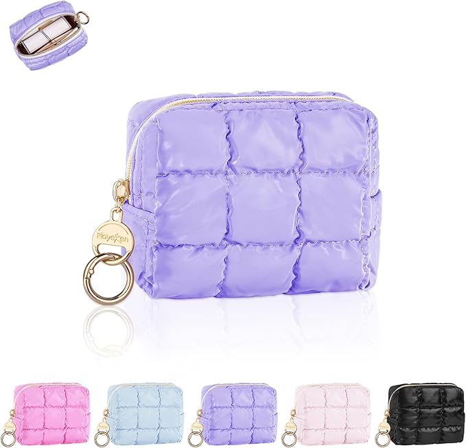 Puffy Mini Makeup Bag, Cute Quilted Small Cosmetic Bag for Purse, Portable Travel Makeup Pouch for Lipsticks, Chapsticks, Earphone, Credit Card, Birthday/Wedding/Christmas Gifts (Purple)