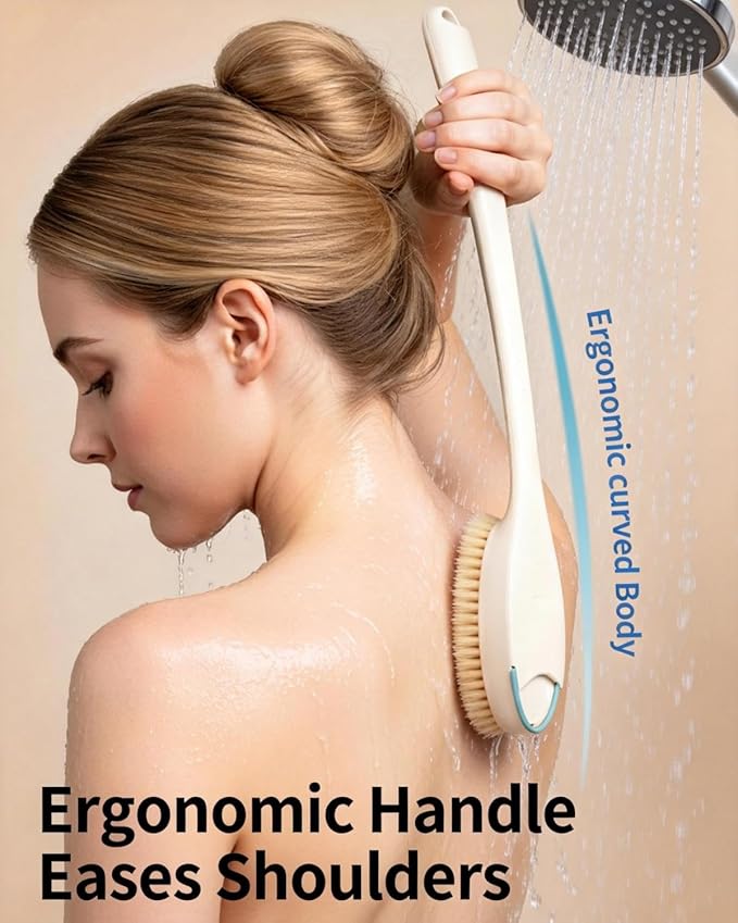 BUBBLEDANCE® Back Scrubber for Shower with Extendable Long Handle (17.5-31.9"), 1.3X Larger Natural Stiff Bristles, Anti-Slip Shower Brush for Deep Exfoliating, Bath & Dry Brushing