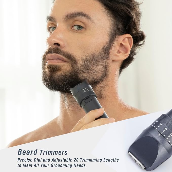Beard Trimmers Kit for Men Precise Dial Adjustable 20 Lengths, 5-in-1 Electric Shavers and Hair Clippers Set - Body Nose Ear Mustache Hair Trimmers Razors Waterproof Wet/Dry - USB-C Charging Dock