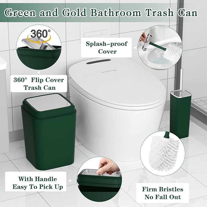 Dark Green Bathroom Accessories Set with Shower Curtain and No-Slip Bath Rugs,24PC Bath Sets with Trash Can, Toothbrush Holder, Cup, Soap Dispenser, Tray, Soap Dish, Toilet Brush, Qtip Holders