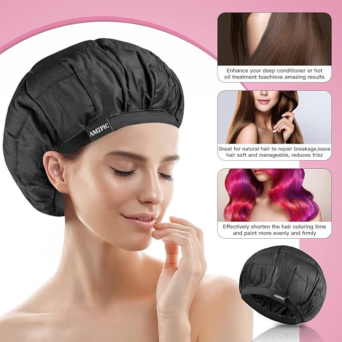 Cordless Deep Conditioning Heat Cap - Safe, Microwavable Heat Cap for Steaming, Heat Therapy for Hair, Flaxseed Seed Interior for Maximum Heat Retention (Black)
