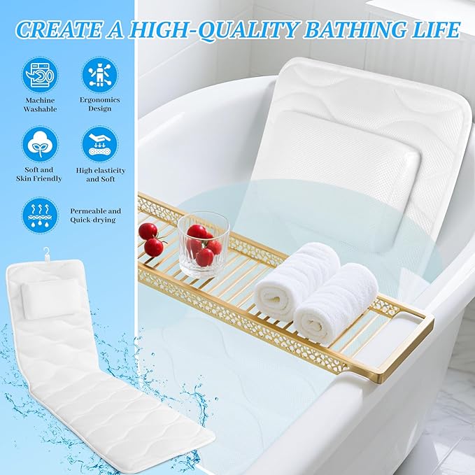 Bath Pillow for Tub with Laundry Bag & 17 Non-Slip Suction Cups, Extra Thick and Soft Bathtub Pillow for Head, Neck & Shoulder Support, 56" x 16" White