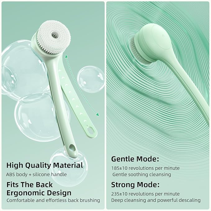 Electric Body Brush Back Scrubber for Shower, Waterproof Long Dual Handle Body Scrubber with 3 Heads, Bath Brush & 2 Speeds, for Cleansing, Exfoliating and Massaging Skin, Pale Cypress Green