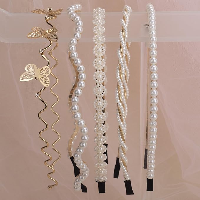 LYroo Cute Pearl Headbands Beaded Headband Metal Head Bands No Slip Fashion Hair Accessories for Women Girls,10 Pack