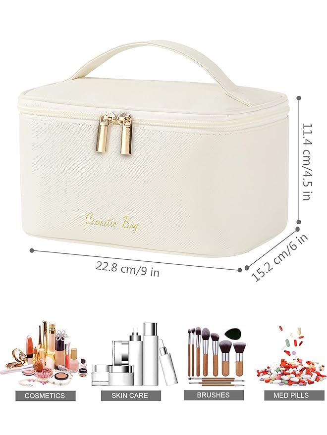 Meiyuuo Makeup Bag Large Cosmetic Bags for Women Girls Cute Travel Zipper Pouch Toiletry Organizer for Beauty Essentials Waterproof (Beige)