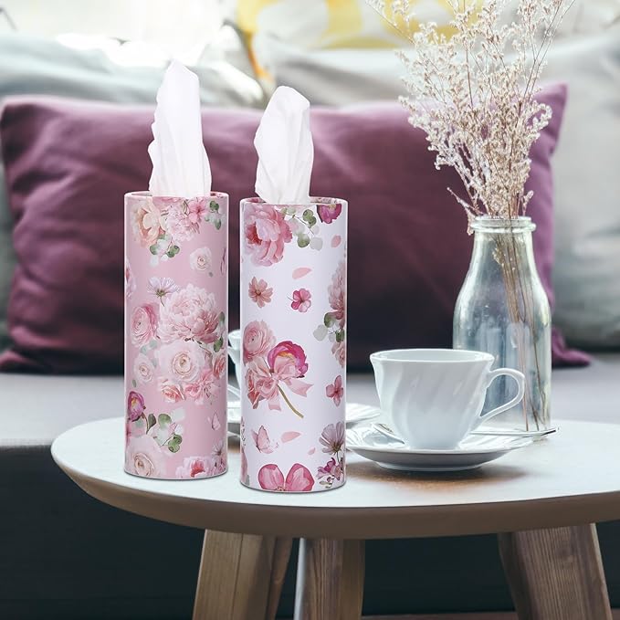 Ctosree 6pk 50 Sheets Car Tissues Holder with Facial Tissues 3-ply Travel Tissue Tubes Box Container Fit for Car Cup Holder Floral Cylinder, 7.1 Inch(Pink,White)