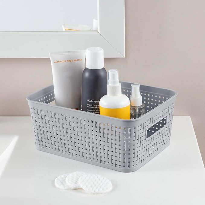 Sterilite 16 Pack Plastic Storage Bin Organization Containers, Short Baskets, Cement