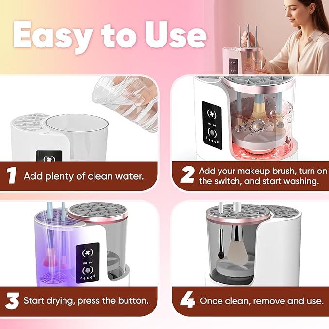 3-in-1 Makeup Brush Cleaner Machine & Dryer, Electric Automatic Brush Washer with Holder, USB-C Touch Control, One-Button Cleaning, Portable Cosmetic Brush Cleaner, Fits Most Sizes