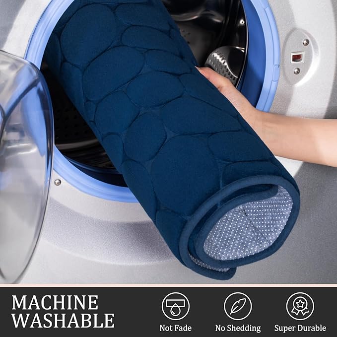 YIHOUSE Bathroom Rugs Mat Set 3 Piece Dark Blue, Memory Foam Bath Mats Sets, Non Slip Water Absorbent Washable Bath Rugs for Sink, Toilet and Floor