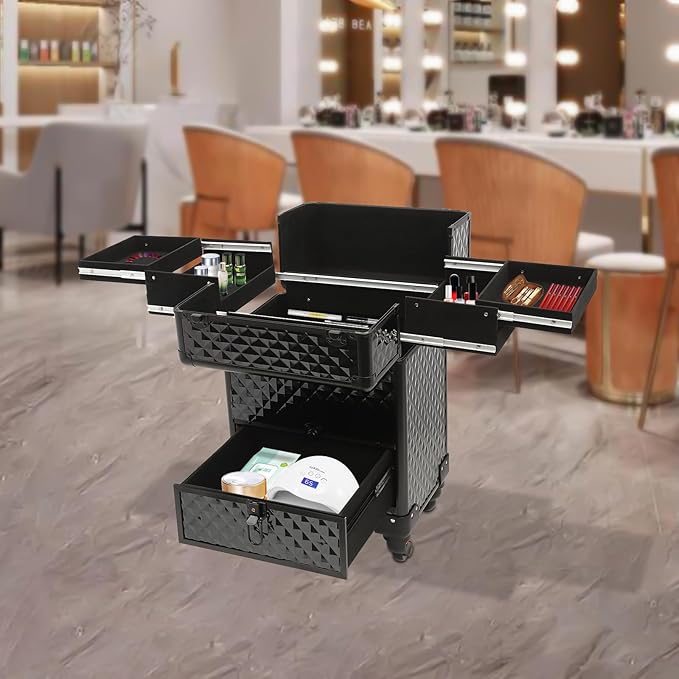 Professional Makeup Trolley Rolling Nail Case Wheeled Manicure Storage Case 13.4 * 9.8 * 18.5inch for Storing Scissors Makeup Jewelry Tools Black
