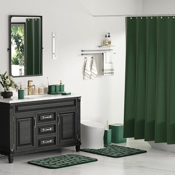 Bathroom Accessory Set - 25PC Green Bathroom Sets, Bathroom Set with Shower Curtain and Rugs, Dark Green Shower Curtain Set, Trash Can, Qtip Holder & Soap Dispenser