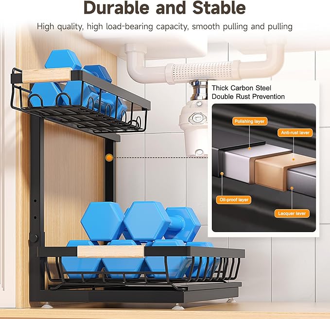 2 Packs Under Sink Organizer, Height Adjustable 2 Tier Under Kitchen Sink Organizer, Multi-Purpose Storage Shelf for Kitchen Bathroom Cabinet (Black, Extra Large)