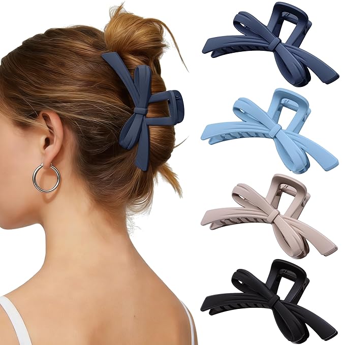 Mesovor 4 Pack Cute Bow Claw Clips, Nonslip 4.92" Large Matte Strong Hold Bows Hair Clips for Thin and Thick Hair | Chic Hairclips for Holidays or Everyday Hairstyle (Blue Matte)