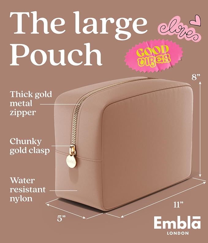 Embla Large Makeup Bag and Waterproof Nylon Travel Toiletry Bag, Large Capacity Cosmetic Zipper Pouch, Brown