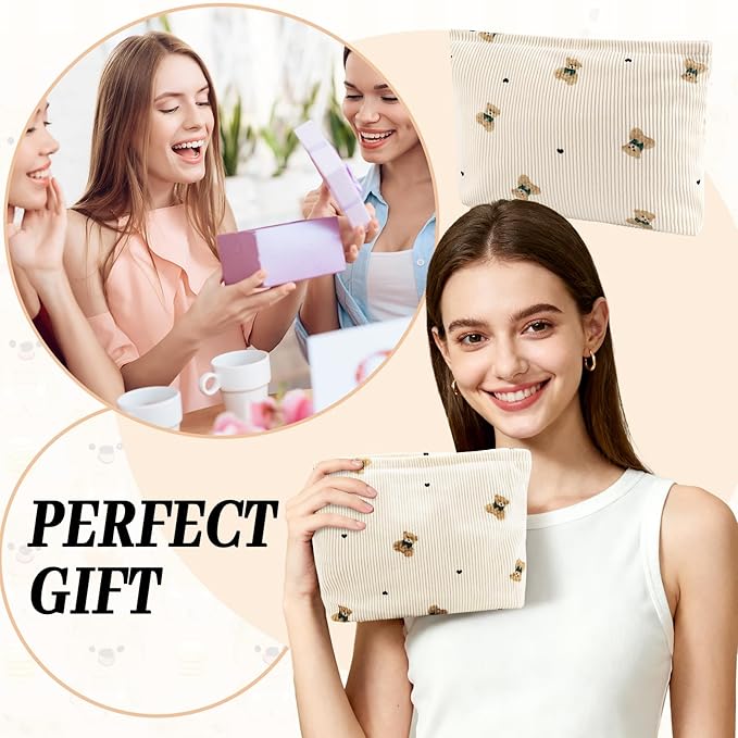 ZLFSQR Corduroy Makeup Bag for Women Small Corduroy Cosmetic Bag Large Cute Bear Travel Makeup Pouch for Purse White Cloth Cosmetic Pouch Zipper Storage Organizer Canvas Toiletry Bags