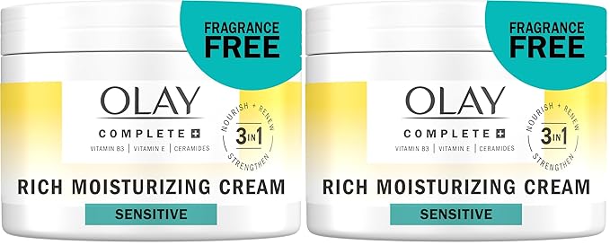 Olay Face Moisturizer,Complete+ Rich Moisturizing Cream-Fragrance-Free,Gentle for Dry&Sensitive Skin,3-in-1 Hydrating to Strengthen,Nourish,Renew-Niacinamide,Vitamin E,&Ceramides,8.5 oz,(Pack of 2)