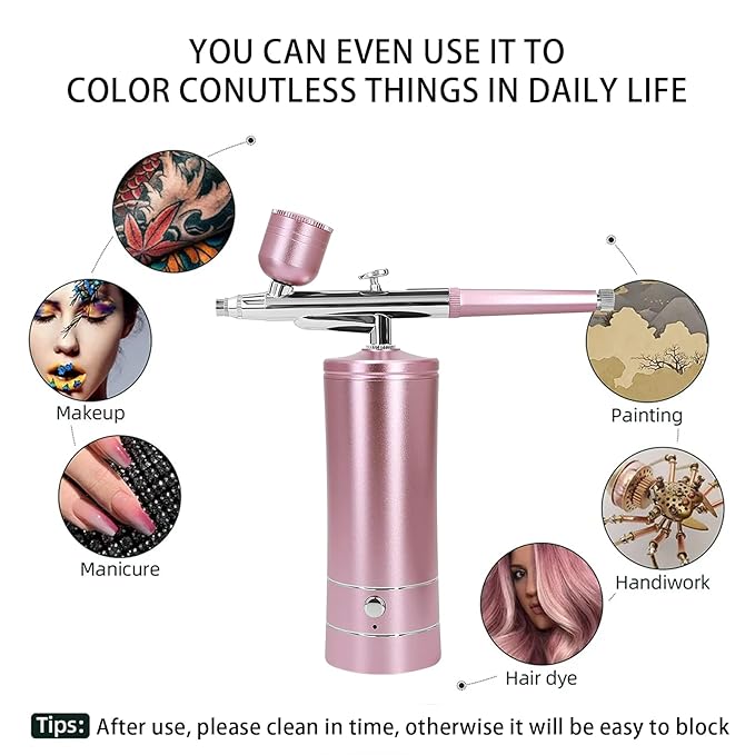 Airbrush Kit Air Brush Kit With Air Compressor Nail Charms Wireless Air Brush for Barber, Nail Art, Cake Decor, Makeup, Model Painting (Pink - with extension tube)