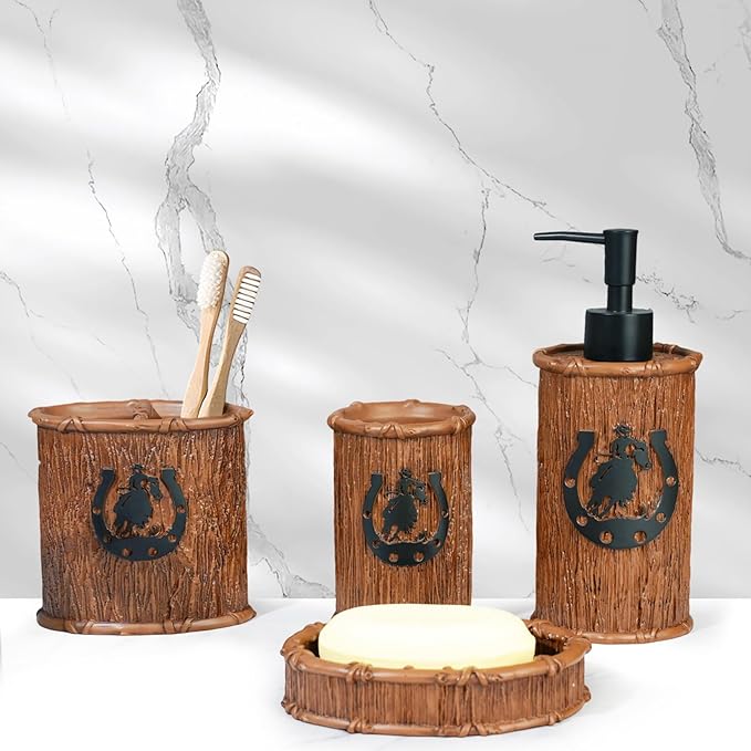 Bathroom Accessory Sets 4PCS Bathroom Accessories Set Complete Western Rustic Horseshoes Decoration Includes Lotion Dispenser Toothbrush Holder Tumbler Cup & Soal Dish