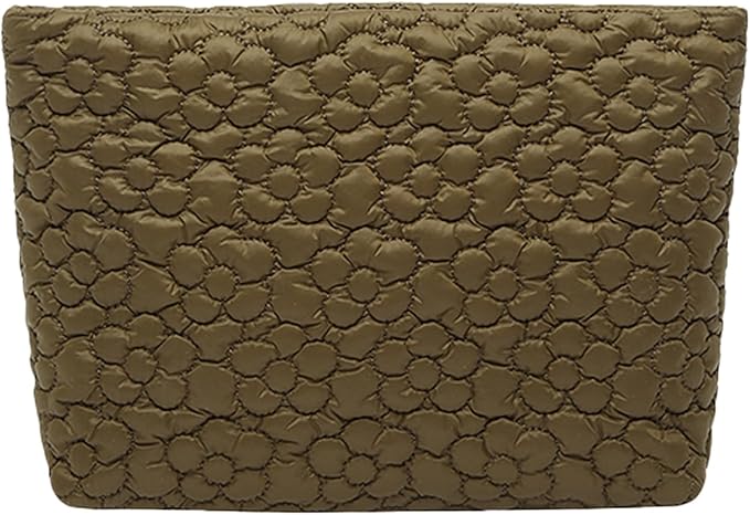 Puffy Quilted Makeup Bag, Cosmetic Bag, Travel Toiletry Organizer Pouch, Clutch for Wom (Brown Flower)