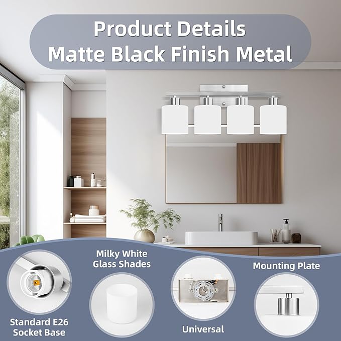 CANMEIJIA 4-Light Bathroom Vanity Light Fixtures with Brushed Nickel, Modern Vanity Lighting for Bedroom Living Room, Vanity Lights with Milky White Glass Shades, E26 Socket, Bulbs Not Included