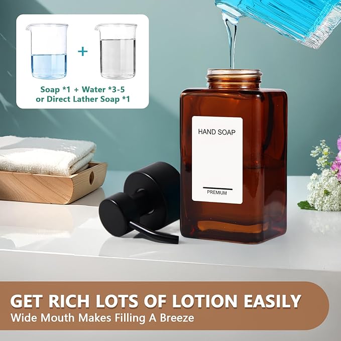 Foaming Hand Soap Dispenser 2 Pack, 12oz/350ml Amber Glass Foaming Soap Dispenser Set with Stainless Steel Pump, Square Refillable Foam Pump Bottles for Bathroom&Kitchen,Includes 6 Labels