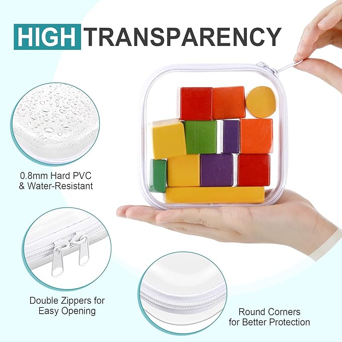 Hoolerry 4 Pcs Hard Clear Zipper Case Makeup Bags Plastic Zipper Pouch Transparent Storage Box Containers for Cosmetics, Snacks, Building Blocks, Puzzles(Clear,5 x 5 x 2 in,White)