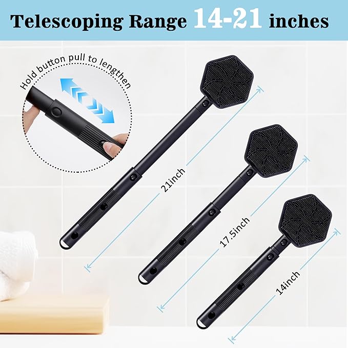 Silicone Back Scrubber for Shower with 21" Extendable Handle–Dual-Sided Long Handle Bath Brush for Exfoliating&Massage–Non-Slip Grip, Gentle&Deep Cleansing Body Brush for Men, Women, Seniors (Black)