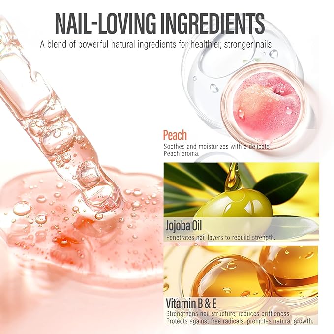 CHUCHU Nail Growth and Strengthener Oil for Cuticle - Peach Scent Cuticle Oil Repair Moisturizing Treatment - Natural Jojoba Vitamin B & E Nail Oil for Dry Cracked Nails
