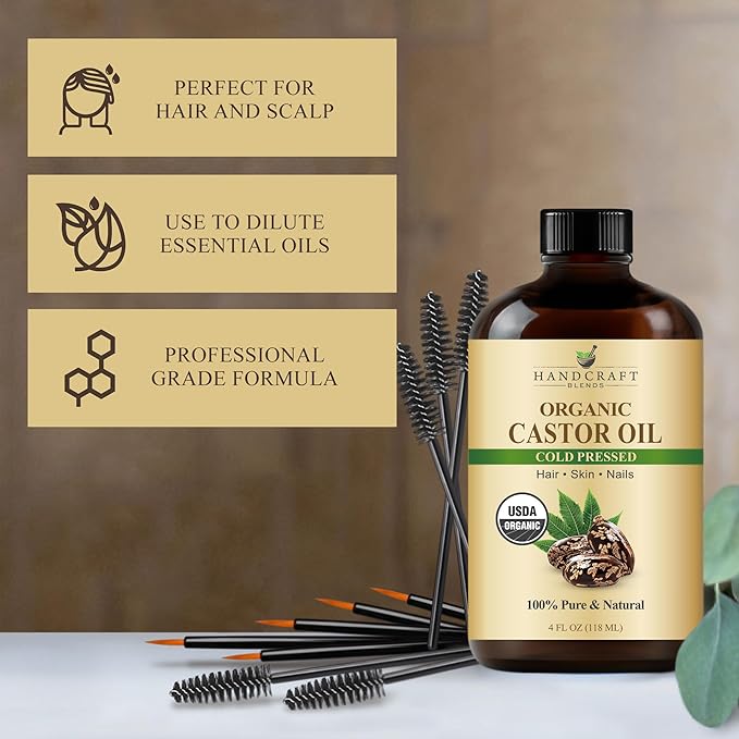 Handcraft Blends Cold-Pressed Organic Castor Oil 4 Fl Oz | Glass Bottle | Lash Brushes | 100% Pure and Natural | Premium Grade Carrier Oil | Hair, Eyelashes and Eyebrows | Hair and Body | Cold-Pressed, Organic, Glass Bottle, Lash Brushes, 100% Pure, Na...