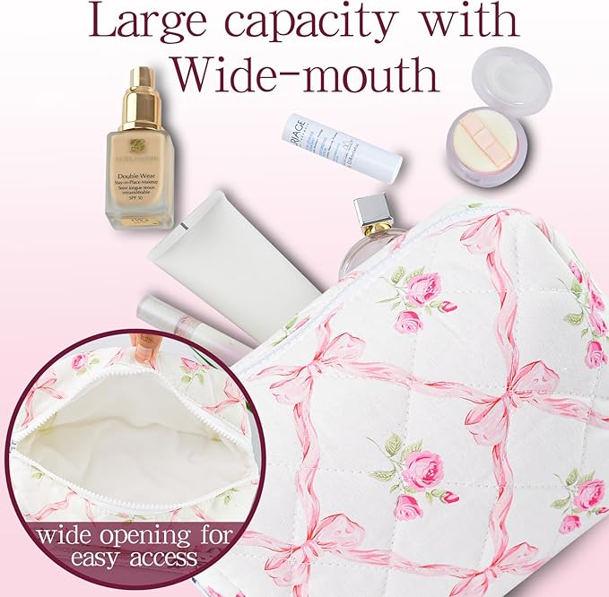 Quilted Makeup Bag Floral Cotton Make up Bag Puffy Coquette Makeup pouch Aesthetic Cute Travel Toiletry Bag for Women Girls
