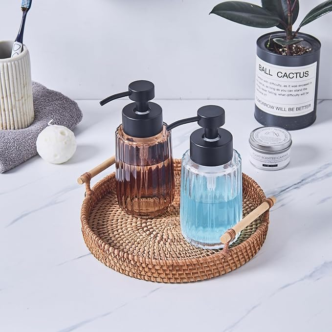 Easy Tang Glass Foaming Brown Soap Dispenser with Black Pump, 12 OZ Vintage-Inspired Modern Glass Refillable Bottle, Hand Soap for Bathroom Countertop and Kitchen