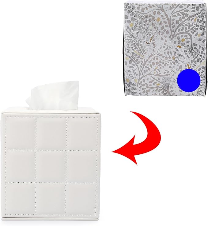 Sumnacon Square Leather Tissue Box Cover - Stylish Cube Tissue Box Holder with Magnetic Bottom, Decorative PU Tissue Box for Vanity Dresser Night Stand Table Countertop Home Office Car, Grid White