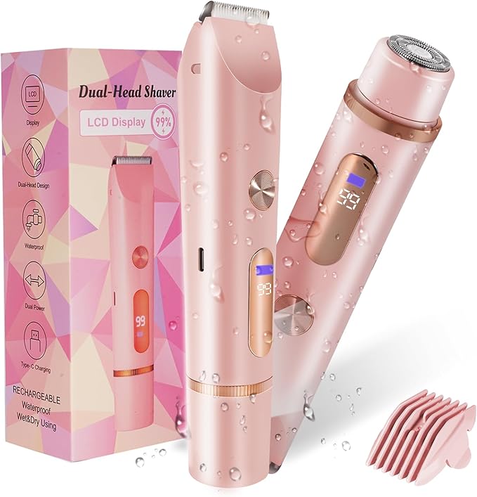 Bikini Trimmer for Women 2in1 High Power Epilators Hair Removal Waterproof Electric Razors Women's Electric Razor Pubic Hair Trimmer Shaver for Women for Ladies Pubic, Face, Underarms, Legs (Pink)