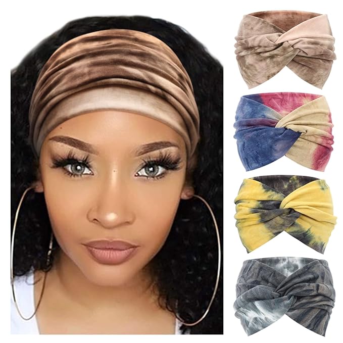 DRESHOW 4 Pack Turban Headbands for Women Wide Vintage Head Wraps Knotted Cute Hair Band Accessories