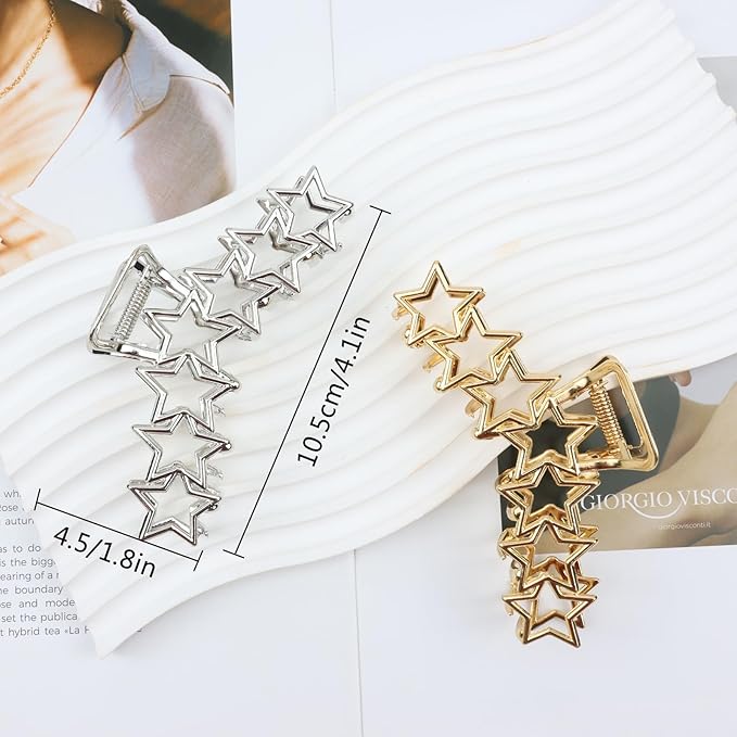 2PCS Y2k Metal Hair Claw Clips Star Hair Clips for Women Big Nonslip Design Claw Hair Clips for Thick and Thin Hair Stitching Silver Gold Large Hair Accessories for Women