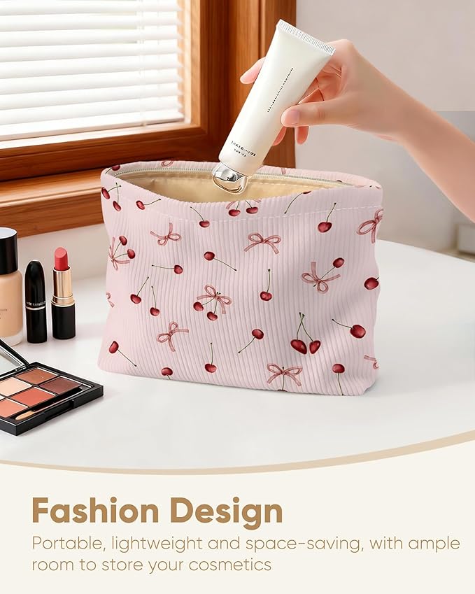 Cute Bow Cherries Makeup Pouch for Women Small Make Up Bag for Purse Zipper Initial Makeup Cosmetic Bags Pouches for Purse Aesthetic Travel Toiletry Bags,Red Pink Cherry