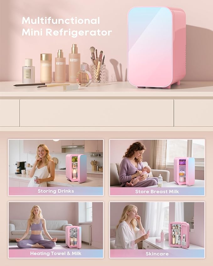 Mini Fridge,6 Liter/8 Can New Upgraded Skincare Fridge,110V AC/DC Portable Thermoelectric Cooler & Warmer for Skin Care, Cosmetics, Beverage, Food,Great for Bedroom,Office,Dorm(Pink)