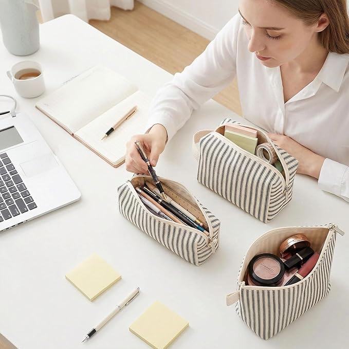 3 Pcs Canvas Makeup Bag Set Cosmetic Pouch for Women Travel Toiletry Bag Cute Makeup Organizer Purse Pouch Preppy Pencil Case with Zipper (Black Pinstripes)