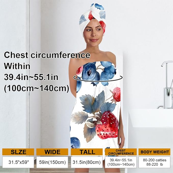 Strawberry Blueberry Bath Wrap with Hair Turban – Microfiber Shower Skirt and Quick Dry Towel Set, Lightweight Absorbent Spa Wrap Gift for Women and Teens (Strawberry 2)
