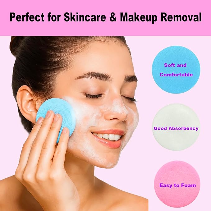 120PCS Facial Sponges Compressed – Soft Disposable Face Cleansing Pads for Makeup Removal, Esthetician-Grade Round Exfoliating Spa Facial Sponge for Women & Daily Skincare (White,Pink,Blue)