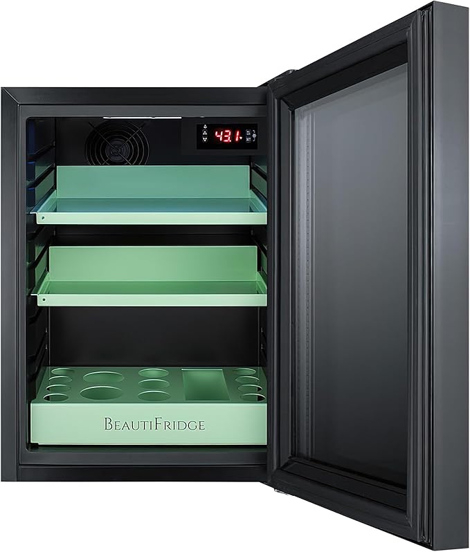 Summit Appliance LX114LGT1 BeautiFridge Cosmetics Cooler; Glossy Mint Adjustable Shelves; Commercial Grade Design; LED Lighting; Digital Thermostat; Double Pane Mirror-tinted Glass Door