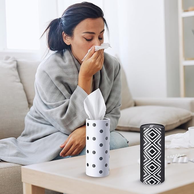 Outus 12 Pcs Geometric Car Tissues Cylinder Holder with 3 Ply Facial Tissue Bulk Black White Round Tissue Holder Travel Tissues Boxes Container for Car Cup Wedding Birthday Party