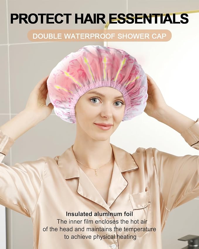 YIZIJIZI 2 Pieces Heat Cap for Deep Conditioning, Conditioning Cap Made of Aluminum Foil for Home and Salon Use, Hair Dyeing（Pink floral）
